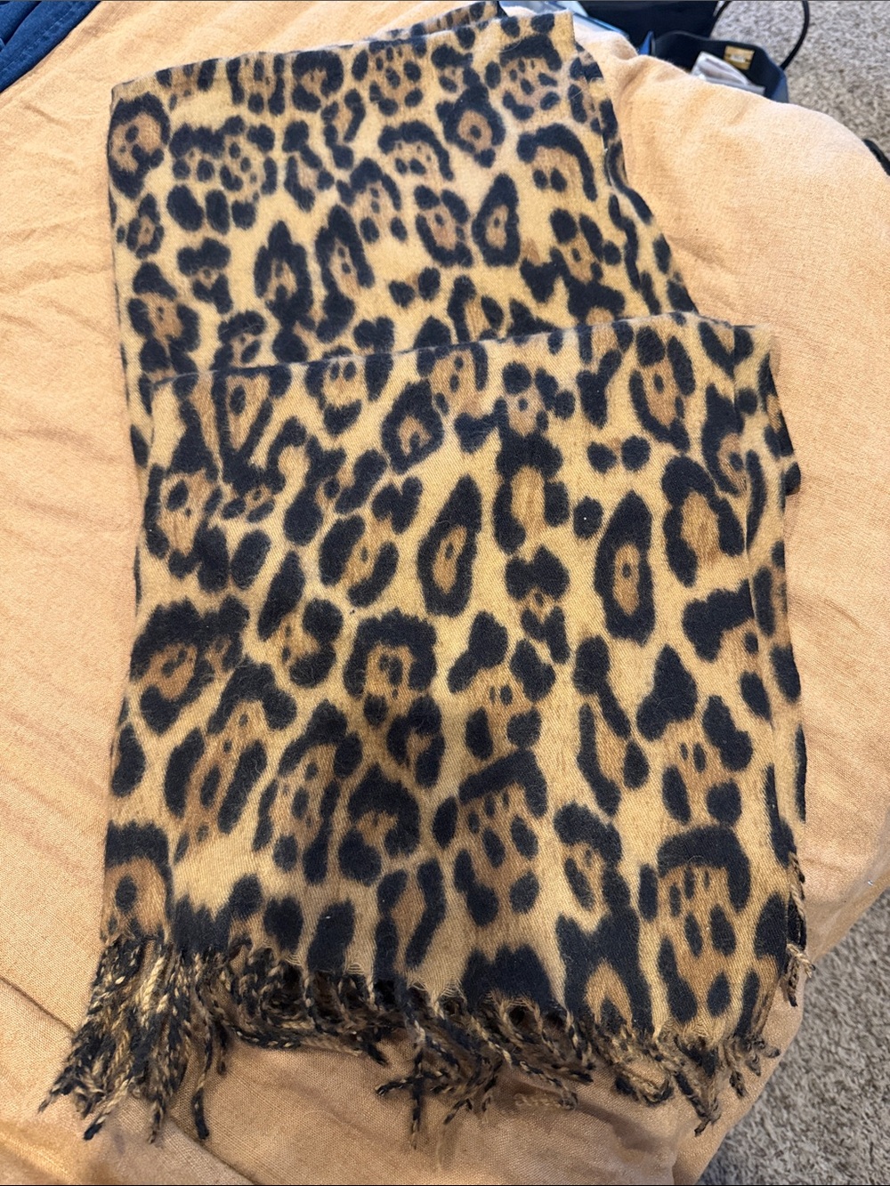 Leopard Print Fringe Scarf - Tan and Black